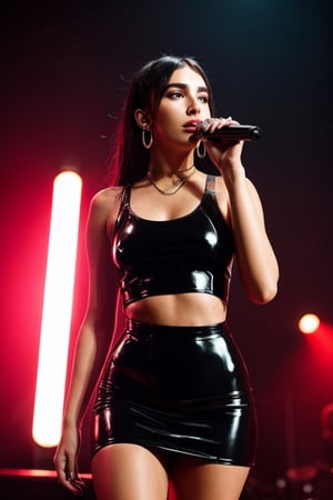 8k , cinematic photography, mood lighting,Singer dua lipa, wearing tight black bodycon, latex, super realistic , sharp focus 