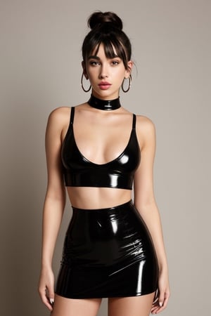 Singer dua lipa, wearing tight black bodycon, latex