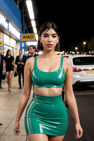 Dua lipa at wallmart wearing a sexy slimy bodycon, perfect body, curvy_hips, looking-at-viewer, standing, mood lighting, Bokeh, absurd_resolution, hipdips, thighband