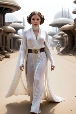 Princess Leia Organa, sheer white robes, walking through a deserted town on an alien planet