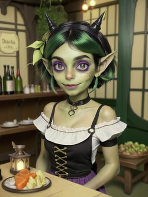 Pretty goblin girl
large goblin ears
green skin with freckles
black messy bob hair
Violet eyes
Nice barmaid clothing
Inside the local inn