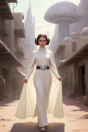 Pretty 20 year old Princess Leia Organa, sheer white robes, walking through a deserted town on an alien planet, various assorted aliens in the background