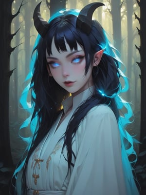 Pale demonic skin
Long black hair
Various small purplish horns on both sides of her head
Glowing pale blue eyes
Tattered ghostly sheer robes
etherial forrest