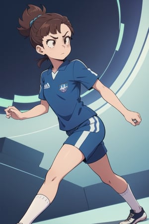 Atsuko Kagari,anime,walking straight ahead,serious expression,soccer uniform,blue shirt,blue shorts,white socks,brown hair,brown eyes,Little Witch Academia,dynamic pose,High quality