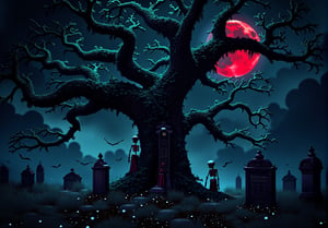 An 8K ultra high detailed, realistic fantasy image of a creepy cemetery with TOMBSTONE-marked graves. A massive, vine-like tree with dense, lush leaves extends upward to a red full moon. Numerous SKELETONS descend the tree to reach the earth, while many bats fly around. The scene is meticulously detailed, with soft lighting enhancing the eerie atmosphere.