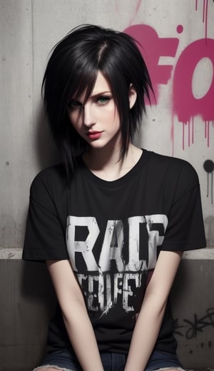 perfecteyes,  emo hair,  emo style, half body,  emo girls,  bad life,  dark,  sad, graffiti background, sit, t shirt