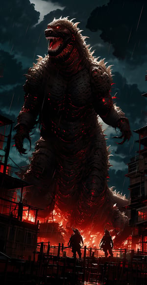Standing, monster, outdoors, dark sky with storm, destroyed buildings, epic background,monster,horror (theme),Godzilla