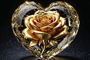 high quality, 8K Ultra HD, golden rose  inside a Heart made of crystal, by yukisakura, high detailed,