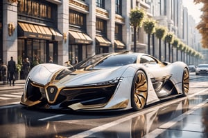 A futuristic hi-tech  Super Car inspired by, Art Deco, Retro-inspired Super Car, White and Gold, ((Black wheels)),
on the road in city area background, at Midday time, front side angle view, symmetrical, ,H effect