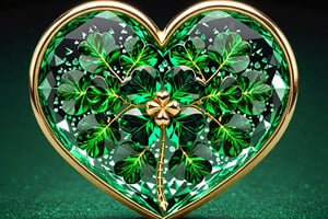 high quality, 8K Ultra HD, golden four leaf clover inside a Heart made of Emerald crystal, by yukisakura, high detailed,