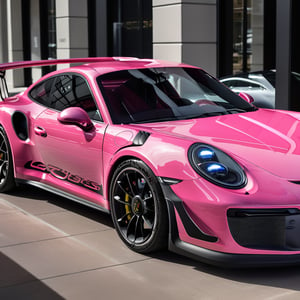 In a breathtakingly clear 8K high-resolution image, a sleek Pink coloured Porsche 911 with black carbon hood, sits majestically cruising through a city, , The sun shines brightly overhead, casting a warm glow on the vehicle's perfect wheels and precision-cut lines. Framed by the building's sleek facade, the 911 takes center stage, a rear view showing its powerful stance accentuated by the subtle curvature of the showroom's architecture,  ((full vehicle image)), ,Porsche