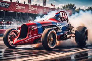 A Retro hi-tech Dragster Car inspired by, Steampunk Retro-inspired Super Car, Red and blue and white, ((Black wheels)), Big Rear tyres, 
on the road on a Dragstrip area background, at Midday time, front side angle view, symmetrical, ,H effect