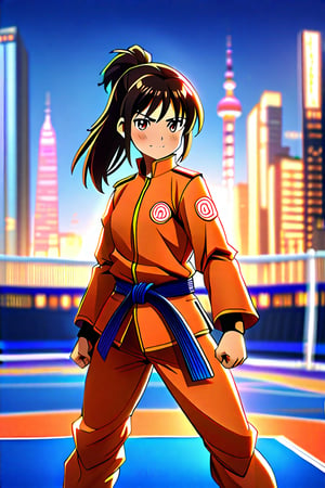 A close-up shot of a determined anime girl in her bright orange gi, her dark hair tied back in a ponytail, standing proudly on the Olympic karate mat. The soft light of the arena casts a warm glow on her focused expression as she assumes the perfect fighting stance. In the background, the Tokyo cityscape serves as a vibrant and dynamic backdrop, with the iconic Olympic rings shining bright above.