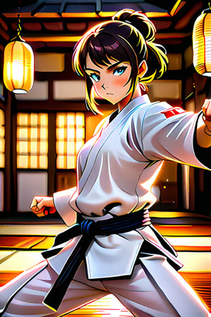 A close-up shot of an anime girl's determined face, sweat glistening on her forehead as she delivers a powerful kick in a traditional Japanese Karate dojo. The warm lighting highlights the texture of the wooden floor and the soft glow of the surrounding lanterns. Her white gi and black belt stand out against the rustic backdrop, emphasizing her focus and skill.