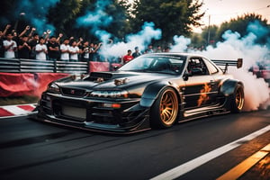 A Retro hi-tech Drift Cars inspired by, Steampunk Retro-inspired drift Cars, ((Black wheels)), girl racers,  Big Rear tyres, Tyre smoke, 
on the road speeding at night, in motion, multiple cars, Car meet, front side angle view, symmetrical, ,H effect