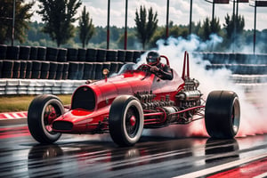 A Retro hi-tech Dragster Car inspired by, Steampunk Retro-inspired Super Car, Red and Black and white, ((Black wheels)), Big Rear tyres, Tyre smoke, 
on the road on a Dragstrip area background, at Midday time, front side angle view, symmetrical, ,H effect