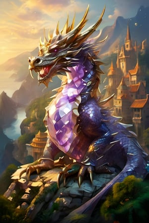 A Crystal Amethyst Dragon Sitting on top of a temple overlooking a medieval village ,Dragon