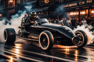 A Retro hi-tech Dragster Cars inspired by, Steampunk Retro-inspired Super Cars, ((Black wheels)), girl racers,  Big Rear tyres, Tyre smoke, 
on the road speeding at night, in motion, multiple cars, Car meet, front side angle view, symmetrical, ,H effect