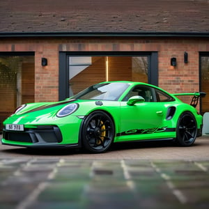 In a breathtakingly clear 8K high-resolution image, a sleek Green coloured Porsche 911 with black carbon hood, sits majestically outside of a garage showroom, The sun shines brightly overhead, casting a warm glow on the vehicle's perfect wheels and precision-cut lines. Framed by the building's sleek facade, the 911 takes center stage, a rear view showing its powerful stance accentuated by the subtle curvature of the showroom's architecture,  ((full vehicle image)), ,Porsche