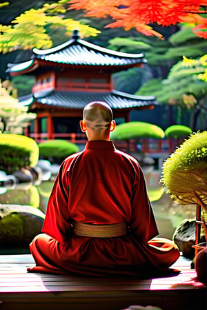 A Monk meditates in a Japanese garden 