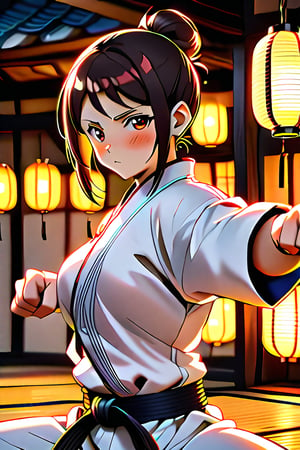 A close-up shot of an anime girl's determined face, sweat glistening on her forehead as she delivers a powerful kick in a traditional Japanese Karate dojo. The warm lighting highlights the texture of the wooden floor and the soft glow of the surrounding lanterns. Her white gi and black belt stand out against the rustic backdrop, emphasizing her focus and skill.