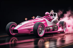 A Retro hi-tech Dragster Car inspired by, Steampunk Retro-inspired Super Car, Pink and white, ((Black wheels)), girl racer,  Big Rear tyres, Tyre smoke, 
on the road speeding at night, in motion, front side angle view, symmetrical, ,H effect