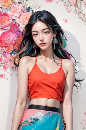 extreme detailed, (masterpiece), (top quality), (best quality), (official art), (beautiful and aesthetic:1.2), (stylish pose), (1 woman), (colorful), (multicolor theme: 1.5), ppcp, medium length skirt, looking into distance, long wave black hair, show navel, random graceful pose, wearing a white tank top with lace, small breasts, extra big hips, full body, black eyes,
perfect,ChineseWatercolorPainting,Chromaspots,fairy,pastelbg,1girl,Half Color,neon background,gongbiv,red dress,colorful_girl