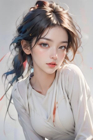 8k, RAW photo, realistic, photo-realistic, hyper-realistic, highest quality, best quality, masterpiece, highly detailed, absurdres, masterpiece, best quality, (extremely detailed CG unity 8k wallpaper, masterpiece, best quality, ultra-detailed, best shadow), (detailed background), (beautifully detailed face, beautiful detailed eyes), ultra large breasts, High contrast, (best illumination), 1girl, Australian, ((multicolored hair)), beautiful, 1/3 side view, ((colorful paint splashes on transparent background, Dulux)), ((caustic)), dynamic angle, beautifully detailed glow, light on face, full body, cowboy shot,、,masterpiece,Chromaspots,khivo,adress2