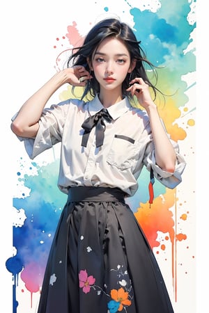 extreme detailed, (masterpiece), (top quality), (best quality), (official art), (beautiful and aesthetic:1.2), (stylish pose), (1 woman), (colorful), (multicolor theme: 1.5), ppcp, medium length skirt, 	looking into distance, long wave black hair, 
perfect,ChineseWatercolorPainting,Chromaspots,fairy,pastelbg