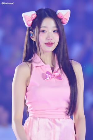 a photograph of JWY, young asian woman, looking at viewer, wearing cute pink bunny costume, on stage, best quality, high detail.