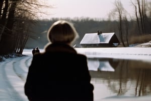 bratt pitt, standing by a frozen river in their Polish village during snowy winter, his reflection distorted on the icy surface. In the background, Hanka can be seen approaching, her silhouette contrasting the white winter landscape. Fujifilm GFX 100S, Hollywood-style lighting, focus on the tension and anticipation.