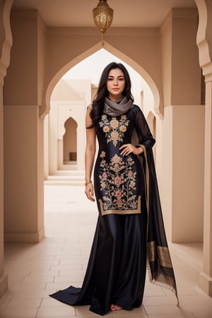 Beautiful brunette, very long curvy black hair, slim figure, full body, petite, Arabic style, Embroidered and elegant Arabic silk clothes with bright colors, Embroidered scarf, photography,looking with swaying, extreme pampering, attractive femininity, ultra detailed, 