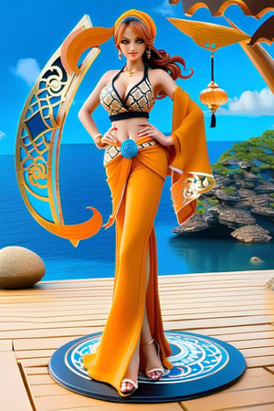 Reimagine the iconic Nami character from One Piece in a fusion of Arabic and anime styles. Create a visually captivating image that showcases Nami with light tan skin, adorned in transparent Arabic-inspired clothing. Emphasize her sculpted waist and medium-sized breasts, while capturing her beauty and sensuality. Push the boundaries of machine creativity to bring forth a unique and alluring depiction of Nami in this style,ultra detailed ,h4n3n