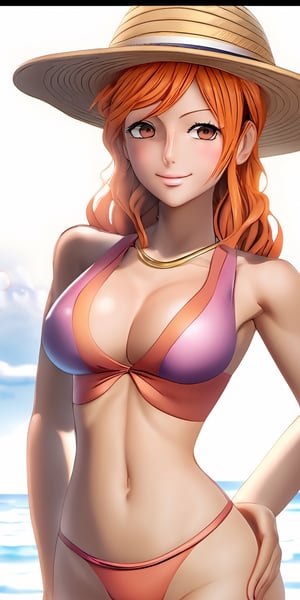 Nami character from anime One piece, parted lips, blush, makeup, light smile, no_clothes, nude, glow, thighs, collarbone, narrow waist, sunbeam, sunlight, rose, wind,(masterpiece), sweat,