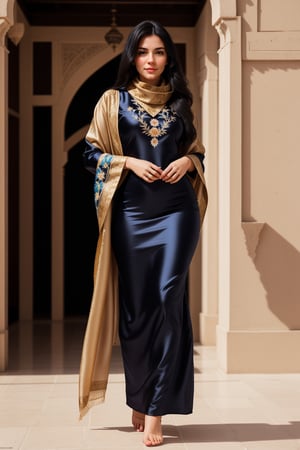 Beautiful brunette, very long curvy black hair, slim figure, full body, petite, Arabic style, Embroidered and elegant Arabic silk clothes with bright colors, Embroidered scarf, photography, looking with swaying, extreme pampering, attractive femininity, ultra detailed, looking_at_viewer, 