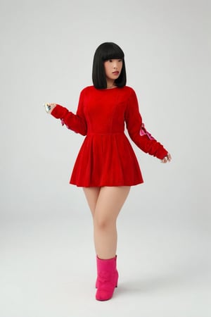 A woman stands confidently on a crisp white background, donning a striking red dress that falls to her knees. The dress features dramatic long sleeves, which flow like flames down her arms. Her straight black hair cascades down her back, creating a striking contrast with the fiery hue of her attire. She pairs her bold dress with pink boots that add a touch of whimsy to her overall look. With a sassy pose, she owns the frame, her presence radiating confidence and poise.