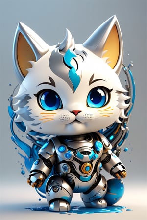 (masterpiece), (science fiction:1.4), high_res, 4k,  ai robot cat maskot, ((colour white,, blue,silver:2.3)) (white,blue) (light electric blue), face made from screen, cute, smile, (((tensor art logo on her chest:1.4))), tech lab background, intricate mech details, ground level shot, 8K resolution, Cinema 4D, Behance HD, polished metal, shiny, Unreal Engine 5, rendered in Blender, sci-fi, futuristic, trending on Artstation, epic, cinematic background, dramatic,((Paint contamination Of different colors:1.6)) ,(((blue eyes: 1.4))),((Painting a work of art in front of the camera:1.5)),atmospheric,full_body portrait, movie still, action_pose, cyborg style, chibi, ,DonMCyb3rN3cr0XL ,dripping paint,tshirt design,Leonardo Style,3d style, illustration,(((Centered))),vector art,ink scenery