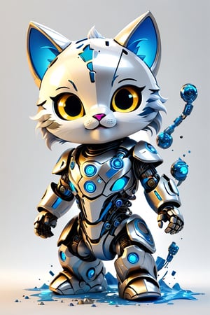 (masterpiece), (science fiction:1.4), high_res, 4k,  ai robot cat maskot, ((colour white,, blue,silver:2.3)) (white,blue) (light electric blue), face made from screen, cute, smile, (((tensor art logo on her chest:1.4))), tech lab background, intricate mech details, ground level shot, 8K resolution, Cinema 4D, Behance HD, polished metal, shiny, Unreal Engine 5, rendered in Blender, sci-fi, futuristic, trending on Artstation, epic, cinematic background, dramatic,((Paint contamination Of different colors:1.6)) ,(((Using a technologically advanced helmet: 1.4))),((Painting a work of art in front of the camera:1.5)),atmospheric,full_body portrait, movie still, action_pose, cyborg style, chibi, ,DonMCyb3rN3cr0XL ,dripping paint,tshirt design,Leonardo Style,3d style, illustration,(((Centered))),vector art,ink scenery