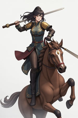 The powerful and domineering Chinese-style female general is riding a horse and fighting. 