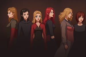 A Halloween party. There are Black Widow,captain marvel,Scarlet Witch,Valkyrie and Mera