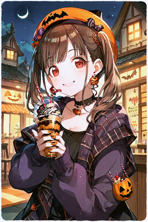 score_9, score_8_up, score_7_up, source_anime, 
sonoda chiyoko, 1girl, solo, brown hair, long hair, twintails, red eyes, 
hat, earrings, choker, jewelry, nail polish, smile, looking at viewer, food, drinking straw, ice cream, 
HALLOWEEN, 
watercolor (medium), 
night