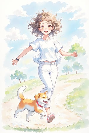 High quality, illustrations,watercolor:0.5, 1girl, the movement style, run, a dog, white shirt, white pants, one arm to wear sports watches, clouds, in the face of lens, the tree, the outdoors,cheerful candy