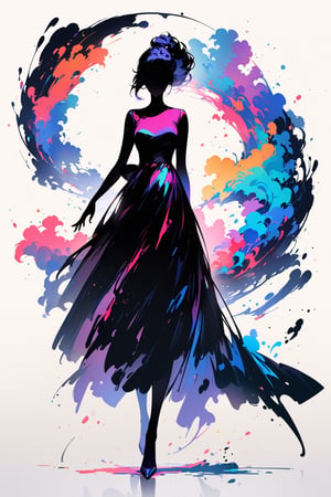 Silhouette of an elegant woman, full body, colorful, graceful silhuette, graceful pose, front view, no showing face, white backlground, brushstrokes in background, looking at viewer, logo aesthetics, masterpiece quality, elegant hairstyle, ((black silhouette)), INK