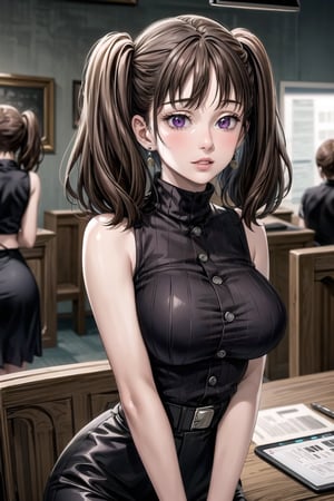 ((best quality)),  ((highly detailed)),  masterpiece,  ((official art)), (diane, twintails, earrings),lips, sleeveless, bare shoulders, figure, turtleneck, ((black shirt)), black pencil skirt,office, lady office, print skirt, floral print, high-waist skirt, shirt_tucked_in, building, bracelet, parted lips, cellphone picture, indoors, intricately detailed, hyperdetailed, blurry background, depth of field, best quality, masterpiece, intricate details, tonemapping, sharp focus, hyper detailed, trending on Artstation, 1 girl, high res, official art