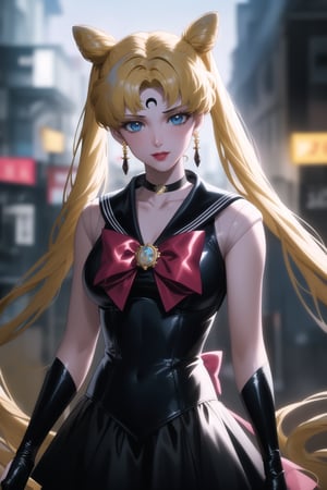 (best quality), (highly detailed), masterpiece, (official art),aausagi, double bun, twintails, parted bangs. blonde hair, makeup, forehead mark, crescent facial mark,  lipstick, black crystal earrings, aged up, sailor moon, black sailor, choker, red bow, black gloves, elbow gloves, blue skirt, latex, intricately detailed, hyperdetailed, blurry background, depth of field, best quality, masterpiece, intricate details, tonemapping, sharp focus, hyper detailed, trending on Artstation, 1 girl, high res, official art,