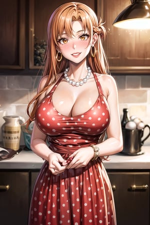 (best quality), (highly detailed), masterpiece, (official art),(aaasuna, long hair, (orange hair:1.2),braid, brown eyes,),(Stepford),lips, makeup, lipstick,red lips,smile, (pose),(polka dot:1.4), (polka dot dress:1.4),(pearl necklace:1.2), pearl bracelet, bare shoulders,(red dress:1.2),(aroused), nose blush ,standing, big breasts, (large pearl necklace), (hoop earrings:1.2), (intricately detailed, hyperdetailed), blurry background,depth of field, best quality, masterpiece, intricate details, tonemapping, sharp focus, hyper detailed, trending on Artstation,1 girl, high res,facing viewer, official art