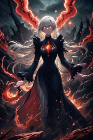 Wallpaper GFX of Elizabeth, ruler of hell, standing with malevolent authority. Her long black hair flows like tendrils of darkness, with a gradient shifting from white to deep black at the ends, giving a spectral effect. She wears a dark, elaborate gown adorned with glowing red symbols of cruelty and power. Her cold, piercing gaze is framed by her dark, demon wings, which spread wide, made of both black feathers and shadowy, ethereal mist. Behind her is a hellish landscape: rivers of glowing lava snake through jagged rocks, while tortured souls wail in the distance. The sky above is filled with dark clouds, crackling with red lightning that illuminates the scene in bursts. Around her, red and black glowing energy pulses and swirls, creating an ominous aura. The overall visual is accented by glowing embers, flickering flames, and smoky tendrils rising from the scorched earth, enhancing the atmosphere of dark dominion and power.