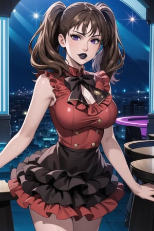 (best quality), (highly detailed), masterpiece, (official art),  diane,twintails, brown hair ,purple eyes, solo,  lips:1.2, black lips:1.4, lipstick:1.2, beautiful 1girl wearing a earthy red (idol dress:1.3) ,layered skirt, frills, ribbon, bow, sequins, looking at viewer, (/nightclub scene, neon lights), , club, (nigth club), ,hd quality, perfect face ,realistic, realistic body , perfect face sync,night club,StandingAtAttention,marinette,night club,b1mb0,