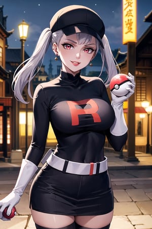 (best quality), (highly detailed), masterpiece, (official art), noelle_silva, silver hair,red eyes, twintails, bangs, earrings, jewelry, poke ball, poke ball (basic), holding poke ball, black headwear, cabbie hat, hat, posing, lips, ( evil smile), ,Grunt Team Rocket, dress, black dress, long sleeves, gloves, elbow gloves, belt, grey belt, skirt, thighhighs, looking at viewer, china, asiática, city, night, sky, (intricately detailed, hyperdetailed), blurry background,depth of field, best quality, masterpiece, intricate details, tonemapping, sharp focus, hyper detailed, trending on Artstation,1 girl, high res, official art