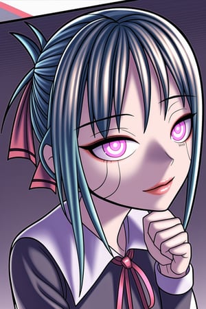 ((best quality)),  ((highly detailed)),  masterpiece,  ((official art)), aakaguya, short hair, folded ponytail, hair ribbon, parted bangs,, lips, (seductive smile,smirk) ,(Remodeling), (multicolored hair:1.3), (two-tone hair:1.3), (pink eyes, blue eyes), (glowing eyes), (android:1.2), (barcode:1.2), (doll joints:1.1), ((neck ribbon, red ribbon, black dress, black shirt, long sleeves, black sleeves)), (cyberpunk:1.2), school, (confident, sexy), chalkboard ,looking at viewer, classroom, girl, indoors,  dramatic reveal, suspenseful, urban environment, mysterious ambiance, dramatic lighting, cinematic scene, self-transformation, supernatural, otherworldly, metamorphosis, mystical, mystical energy, power awakening., intricately detailed, hyperdetailed, blurry background, depth of field, best quality, masterpiece, intricate details, tonemapping, sharp focus, hyper detailed, trending on Artstation, 1 girl, high res, official art,ai hayasaka,aahayasaka,aakaguya,Remodeling,<lora:659111690174031528:1.0>